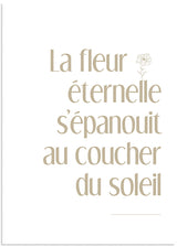 cuadro con frase "le fleur eternelle s'epanouit au coucher du soleil". Lámina decorativa con frase floral. Marco negro