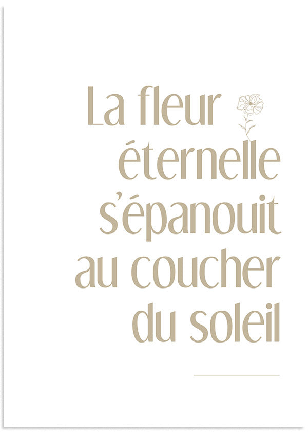 cuadro con frase "le fleur eternelle s'epanouit au coucher du soleil". Lámina decorativa con frase floral. Marco negro