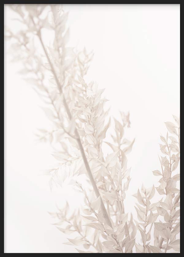 Gerahmtes Wandbild mit Zweigen getrockneter Blumen in Off-White, Creme und hellem Beige, vor hellem Hintergrund und mit ruhigem floralem Stil für natürliche Wandgestaltung. Erhältlich auf kudeko.com