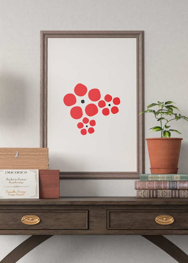 Decoración con cuadros, ideas -  cuadro abstracto y minimalista de flores en color rojo, negro y blanco. Cuadro geométrico.. Lámina decorativa.