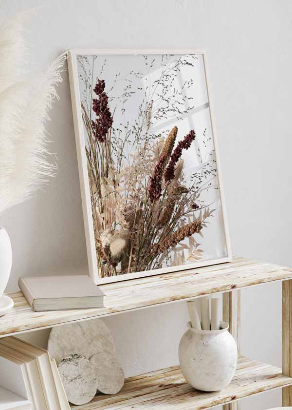 decoración con cuadros, ideas - lámina decorativa de fotografía de flores secas, estilo botánico - kudeko