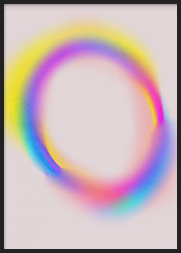Cuadro con halo ovalado difuso en amarillo, fucsia, azul, violeta y turquesa sobre fondo claro, de estilo abstracto. Disponible en kudeko.com