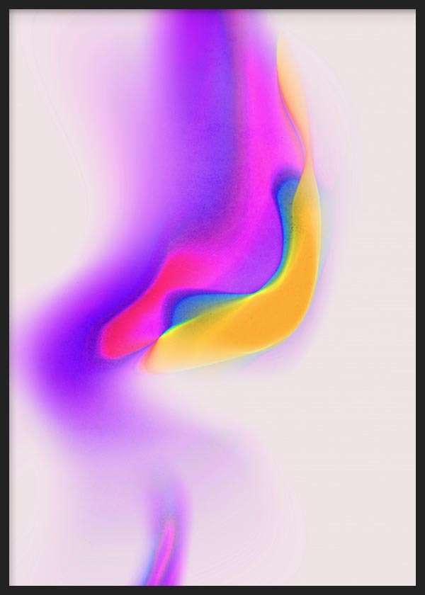 Cuadro con formas abstractas fluidas en tonos violeta, fucsia, amarillo y azul sobre fondo claro, de estilo abstracto. Disponible en kudeko.com