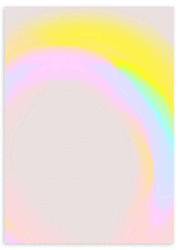 Tableau encadré avec formes courbes diffuses, halos lumineux en jaune, rose, lilas, bleu doux et beige clair, dans un style abstrait contemporain. Disponible sur kudeko.com