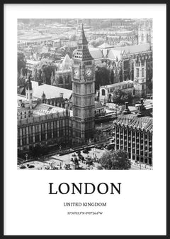 Quadro emoldurado com vista urbana de Londres, Big Ben e edifícios históricos em branco, preto e cinzento, num estilo fotográfico elegante e contemporâneo. Disponível em kudeko.com