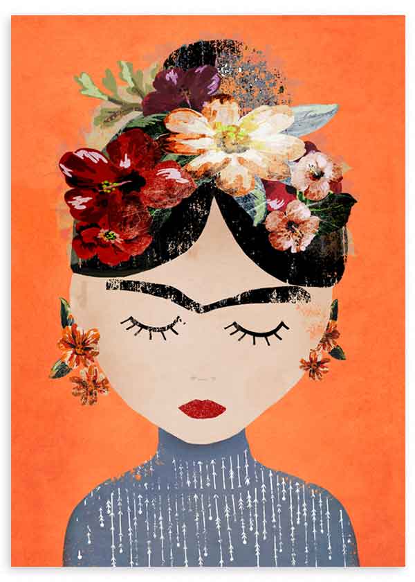 Tableau encadré avec portrait féminin inspiré de Frida Kahlo, fleurs rouges blanches et roses, fond orange et style illustration contemporaine pour décoration murale. Disponible sur kudeko.com