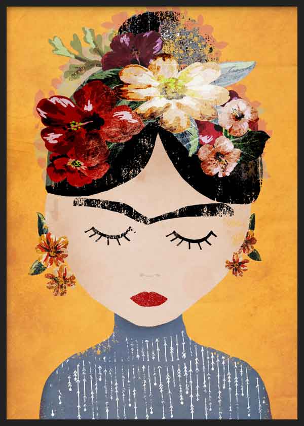 Gerahmtes Wandbild mit weiblichem Porträt, roten, weißen und rosa Blumen, gelbem Hintergrund, markanten Augenbrauen, geschlossenen Augen und Illustrationsstil. Erhältlich auf kudeko.com