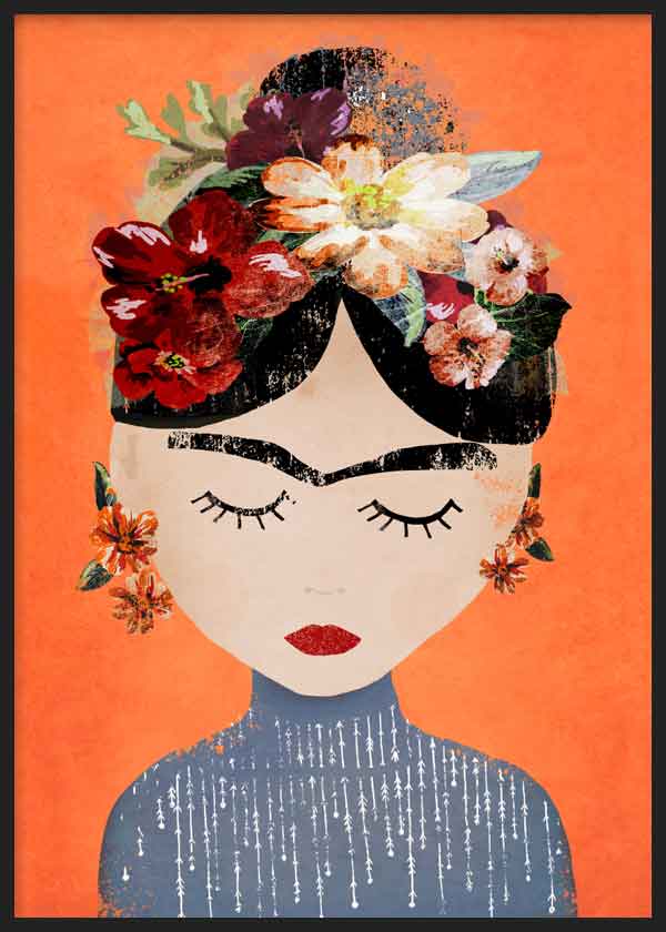 Gerahmtes Wandbild mit von Frida Kahlo inspiriertem Frauenporträt, roten weißen und rosafarbenen Blumen, orangem Hintergrund und zeitgenössischem Illustrationsstil für stilvolle Wanddekoration. Erhältlich auf kudeko.com