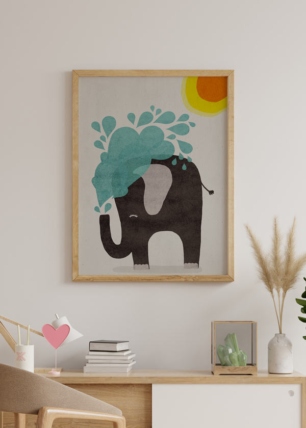 decoración con cuadros, ideas - lámina decorativa infantil de ilustración colorida de elefante - kudeko