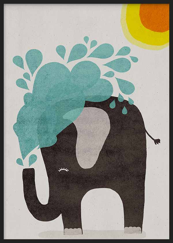 Tableau encadré avec éléphant noir aux formes simples, touche turquoise, soleil jaune et orange, fond clair et style enfantin moderne. Disponible sur kudeko.com