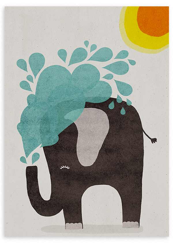 Cuadro con elefante negro de formas simples, salpicadura turquesa, sol amarillo y naranja, fondo claro y estilo infantil alegre. Disponible en kudeko.com