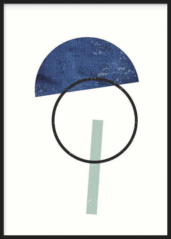 Cuadro de formas geométricas con semicírculo azul texturizado, círculo negro y barra verde agua sobre fondo claro, de estilo geométrico. Disponible en kudeko.com