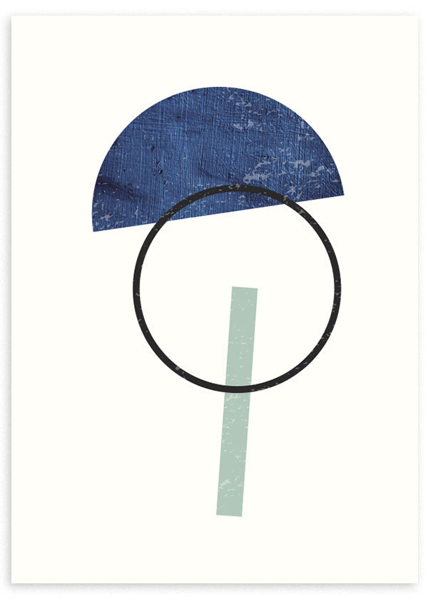 Tableau avec composition géométrique, demi-cercle bleu texturé, cercle noir ouvert et barre inclinée vert d’eau sur fond clair, dans un style épuré et contemporain. Disponible sur kudeko.com