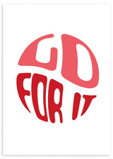 lámina decorativa con frase "Go For it" en tonos rojos y fondo blanco