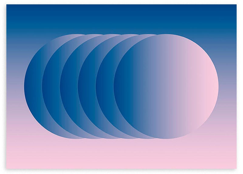 lámina decorativa horizontal de ilustración colorida y geométrica con círculos y gradiente en azul y morado - kudeko
