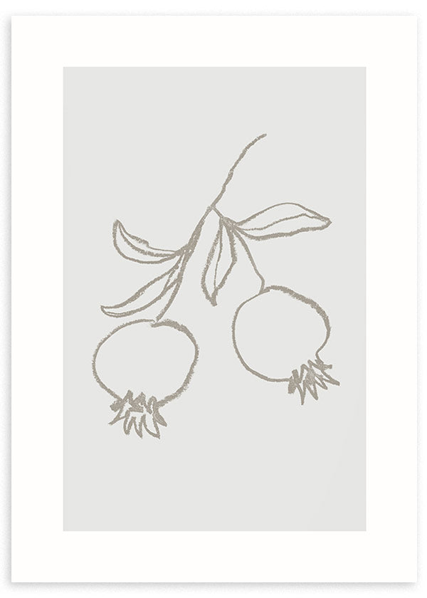 Tableau encadré avec deux grenades suspendues à une branche avec feuilles, en gris taupe sur fond clair, dans un style minimaliste et épuré. Disponible sur kudeko.com