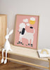 decoración con cuadros, ideas - lámina decorativa infantil de ilustración de perro blanco y sol, fondo rosa - kudeko