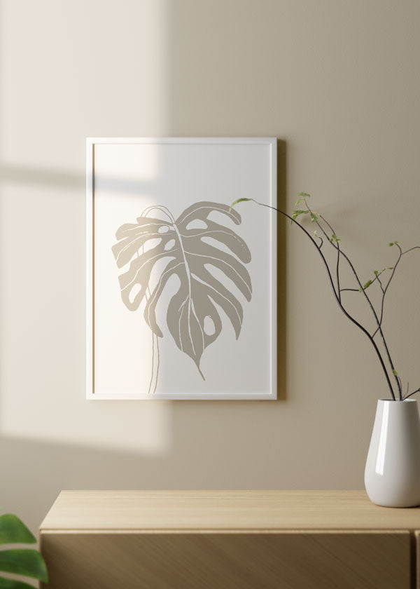 Decoración con cuadros, ideas -  lámina decorativa nórdica con hoja en beige y fondo blanco