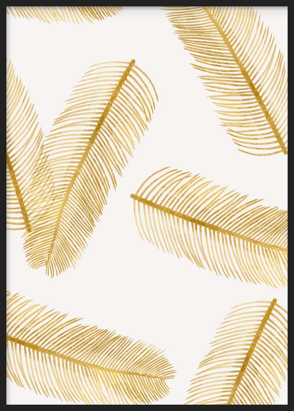 Cuadro con hojas tropicales doradas alargadas sobre fondo blanco, composición ligera, elegante y luminosa, de estilo minimalista. Disponible en kudeko.com