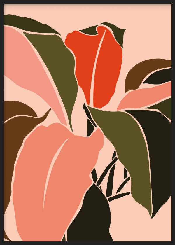 Cuadro con hojas tropicales grandes en tonos coral, rojo anaranjado, verde oliva, marrón oscuro y negro, sobre fondo rosa claro, de estilo floral. Disponible en kudeko.com