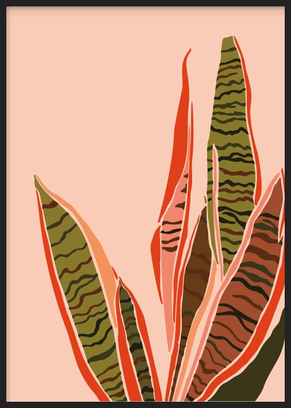 Cuadro con hojas alargadas en rojo teja, verde oliva, marrón y rosa sobre fondo rosa suave, composición botánica de estilo minimalista. Disponible en kudeko.com