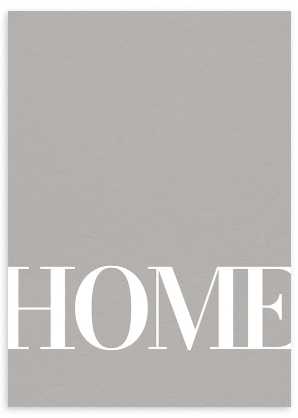 Tableau encadré avec le mot HOME en grandes lettres blanches sur fond uni beige grisé, style typographique épuré et décoration murale contemporaine. Disponible sur kudeko.com