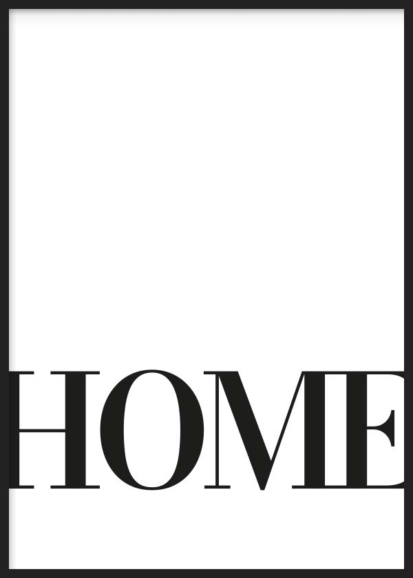 Quadro emoldurado com a palavra HOME em letras pretas grandes sobre fundo branco, composição tipográfica limpa, contraste definido e estilo contemporâneo nórdico para decoração de parede discreta. Disponível em kudeko.com