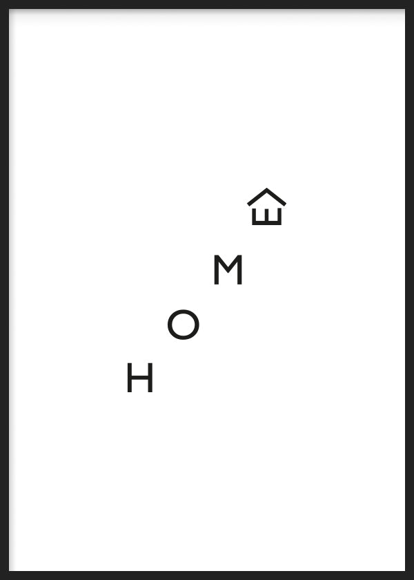 Cuadro con palabra HOME en letras negras distribuidas en diagonal y pequeño icono de casa sobre fondo blanco, de estilo minimalista. Disponible en kudeko.com