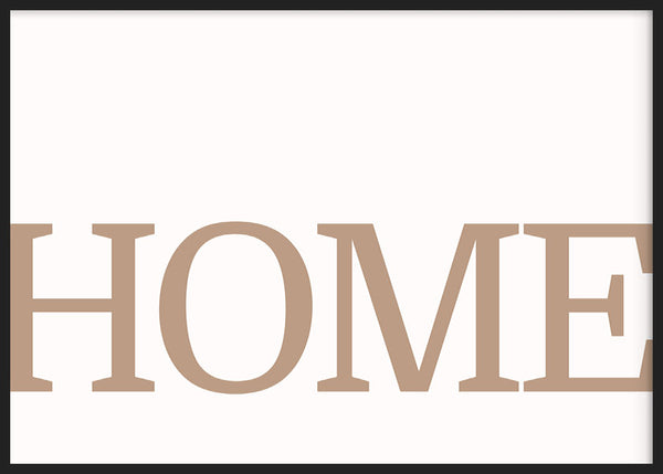 Tableau horizontal avec le mot HOME en grandes lettres beiges sur fond blanc, composition épurée, style à message et décoration murale contemporaine en tons neutres. Disponible sur kudeko.com