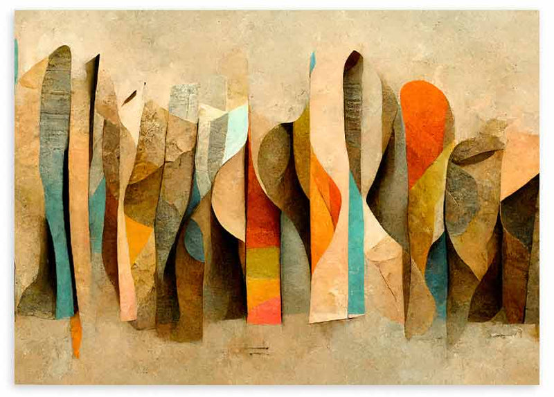 Quadro horizontal com formas abstratas alongadas e curvas sobrepostas em bege, ocre, castanho, azul-turquesa e laranja, de estilo abstrato sobre fundo claro texturado. Disponível em kudeko.com