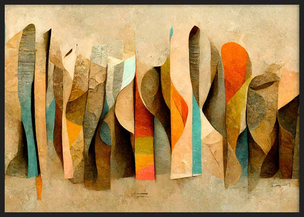 Horizontales Wandbild mit länglichen abstrakten Formen und überlagerten Kurven in Beige, Ocker, Braun, Türkisblau und Orange, im abstrakten Stil auf hellem strukturiertem Hintergrund. Erhältlich auf kudeko.com