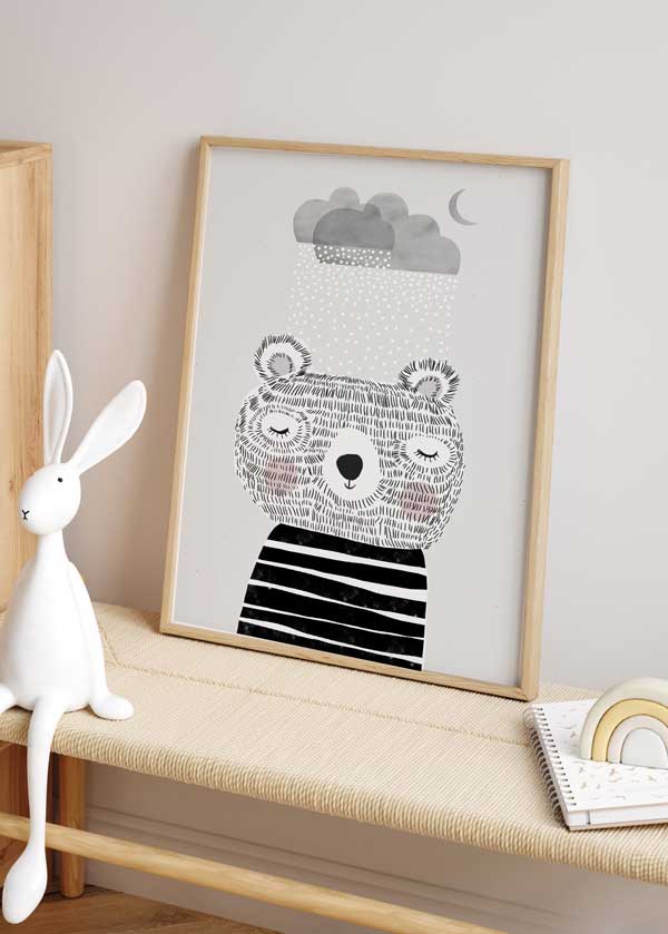 decoración con cuadros, ideas - lámina decorativa infantil de ilustración de oso panda, fondo gris - kudeko