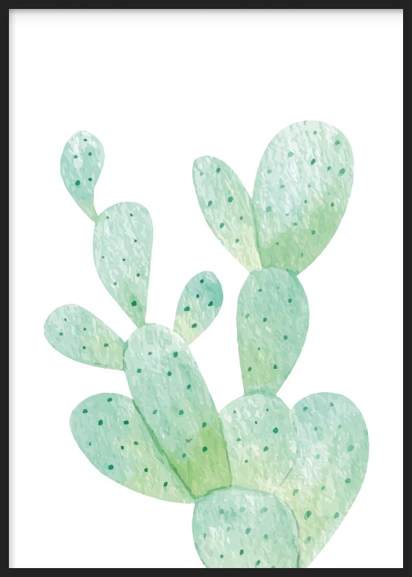 Cuadro de cactus de palas en tonos verde menta, aguamarina y blanco, con composición botánica ligera y estilo ilustración. Disponible en kudeko.com