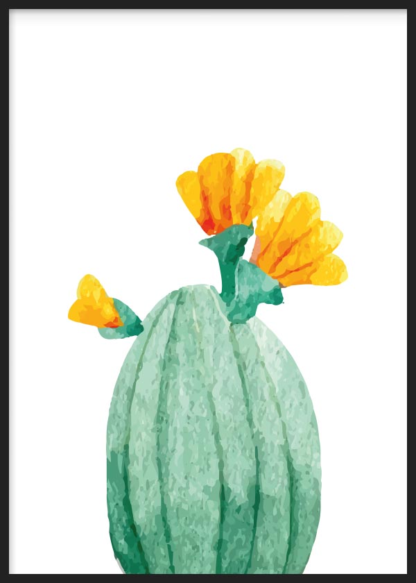 Cuadro de cactus redondeado con flores amarillas y anaranjadas, fondo blanco, tonos verde agua y estilo ilustración decorativa. Disponible en kudeko.com