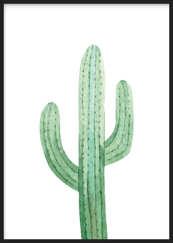 Cuadro de cactus verde menta y salvia con brazos curvos sobre fondo blanco, composición limpia y estilo ilustración. Disponible en kudeko.com