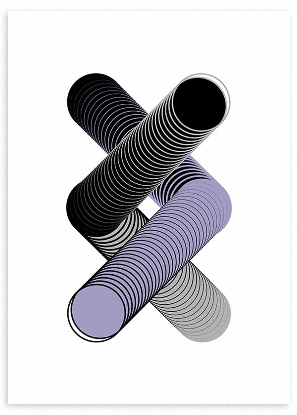 Cuadro con cilindros entrelazados de líneas concéntricas en negro, blanco, gris y lila suave, composición dinámica de estilo geométrico. Disponible en kudeko.com