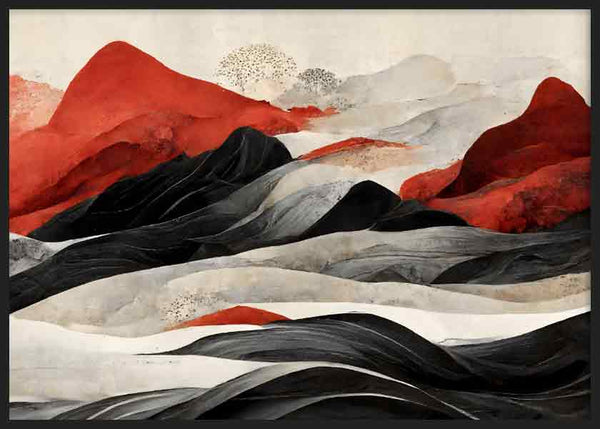 Horizontales Wandbild mit Berglandschaft in Schichten, Terrakottarot, Schwarz, Grau und Beige, fließenden Formen und Naturstil für eine ruhige Wandgestaltung. Erhältlich auf kudeko.com
