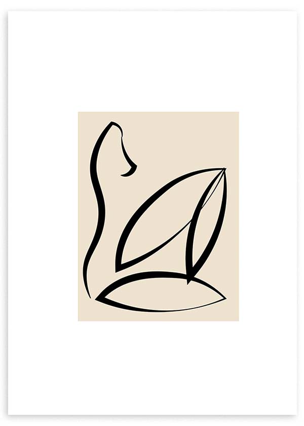 Cuadro con silueta femenina abstracta en líneas negras sobre fondo beige claro, composición elegante de estilo minimalista. Disponible en kudeko.com