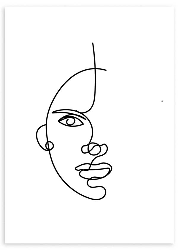 lámina decorativa de ilustración de cara de mujer abstracta y minimalista en blanco y negro