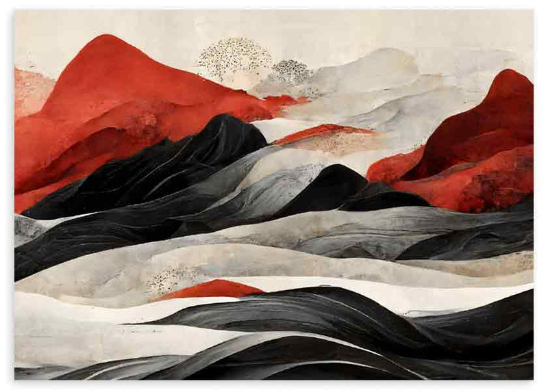 Quadro horizontal de montanhas em camadas, tons de vermelho terracota, preto, cinzento e bege, formas fluidas e estilo de natureza e paisagem para parede serena. Disponível em kudeko.com
