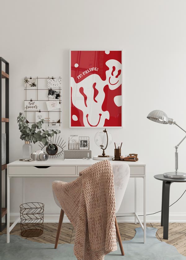 Decoración con cuadros, ideas -  Decoración con cuadros, ideas -  lámina decorativa lámina decorativa de ilustración smiley face (cara feliz, emoji sonrisa) color rojo brillante. Cuadro para estudio.