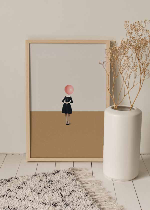 decoración con cuadros, ideas - lámina decorativa de estilo vintage de collage de mujer imperfecta con globo en cara - kudeko