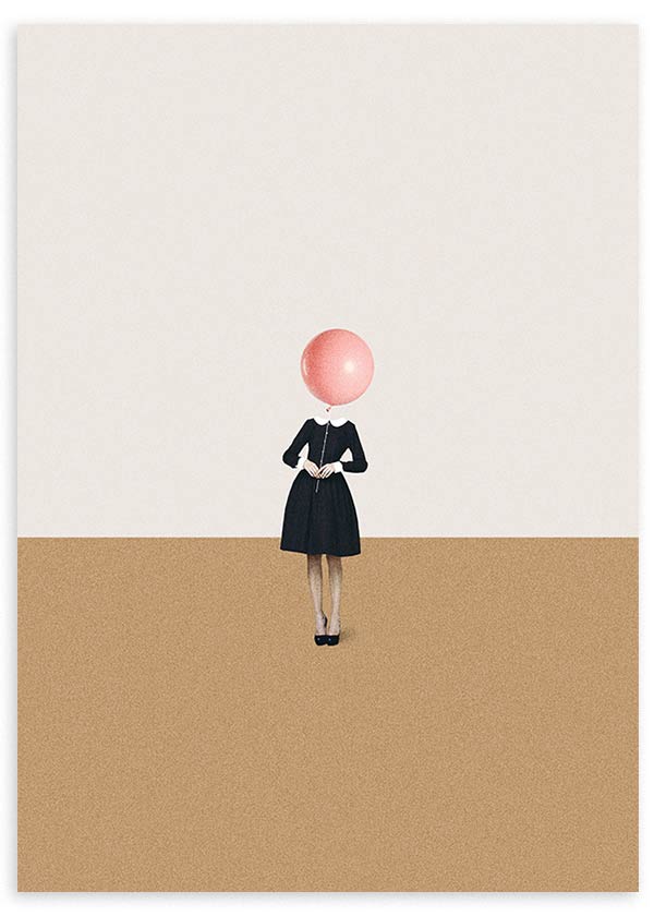 lámina decorativa de estilo vintage de collage de mujer imperfecta con globo en cara - kudeko