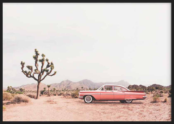 cuadro lámina decorativa horizontal de fotografía de coche rojo en el desierto - kudeko