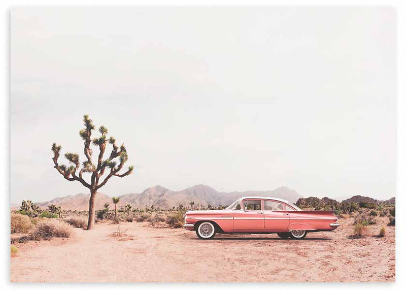 Tableau horizontal avec voiture classique rose dans un décor désertique, sable beige, arbustes secs, arbre de Josué, montagnes douces et style photographique vintage aux tons poudrés. Disponible sur kudeko.com