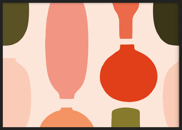 Cuadro con jarrones y botellas de formas simples en rojo, coral, melocotón y verde oliva, sobre fondo beige y estilo minimalista. Disponible en kudeko.com