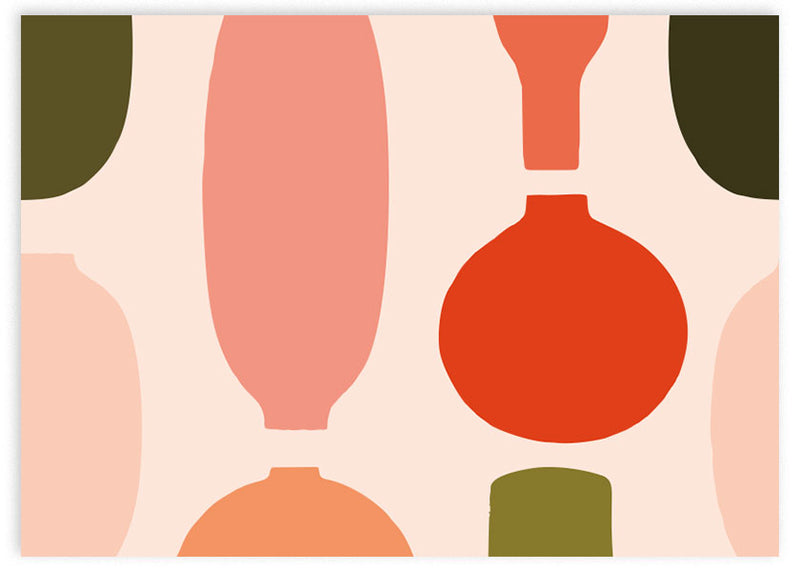 Cuadro con jarrones y botellas de formas simples en rojo, coral, melocotón y verde oliva, sobre fondo beige y estilo minimalista. Disponible en kudeko.com