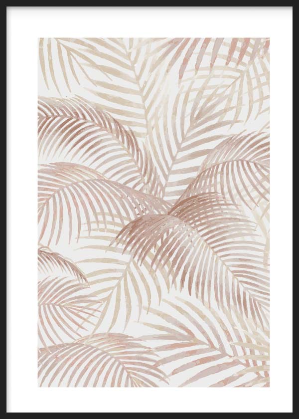 Cuadro de hojas de palmera superpuestas en tonos beige, arena y rosa empolvado, con fondo claro y estilo naturaleza y paisajes. Disponible en kudeko.com