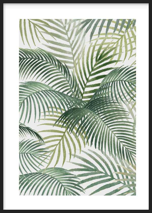 Cuadro de hojas de palmera superpuestas en tonos verde salvia, oliva y verde grisáceo sobre fondo blanco, de estilo naturaleza y paisajes. Disponible en kudeko.com