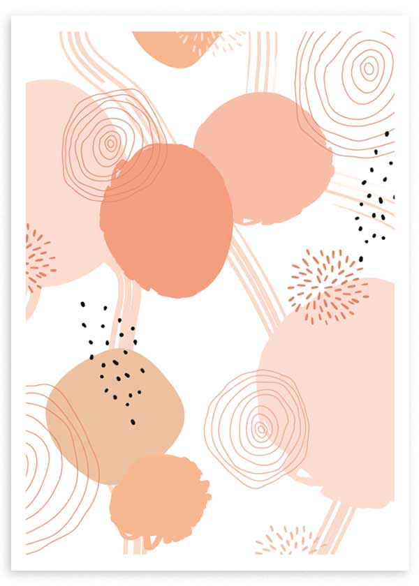 cuadro abstracto con tonos coral y naranjas sobre fondo blanco. Lámina decorativa.